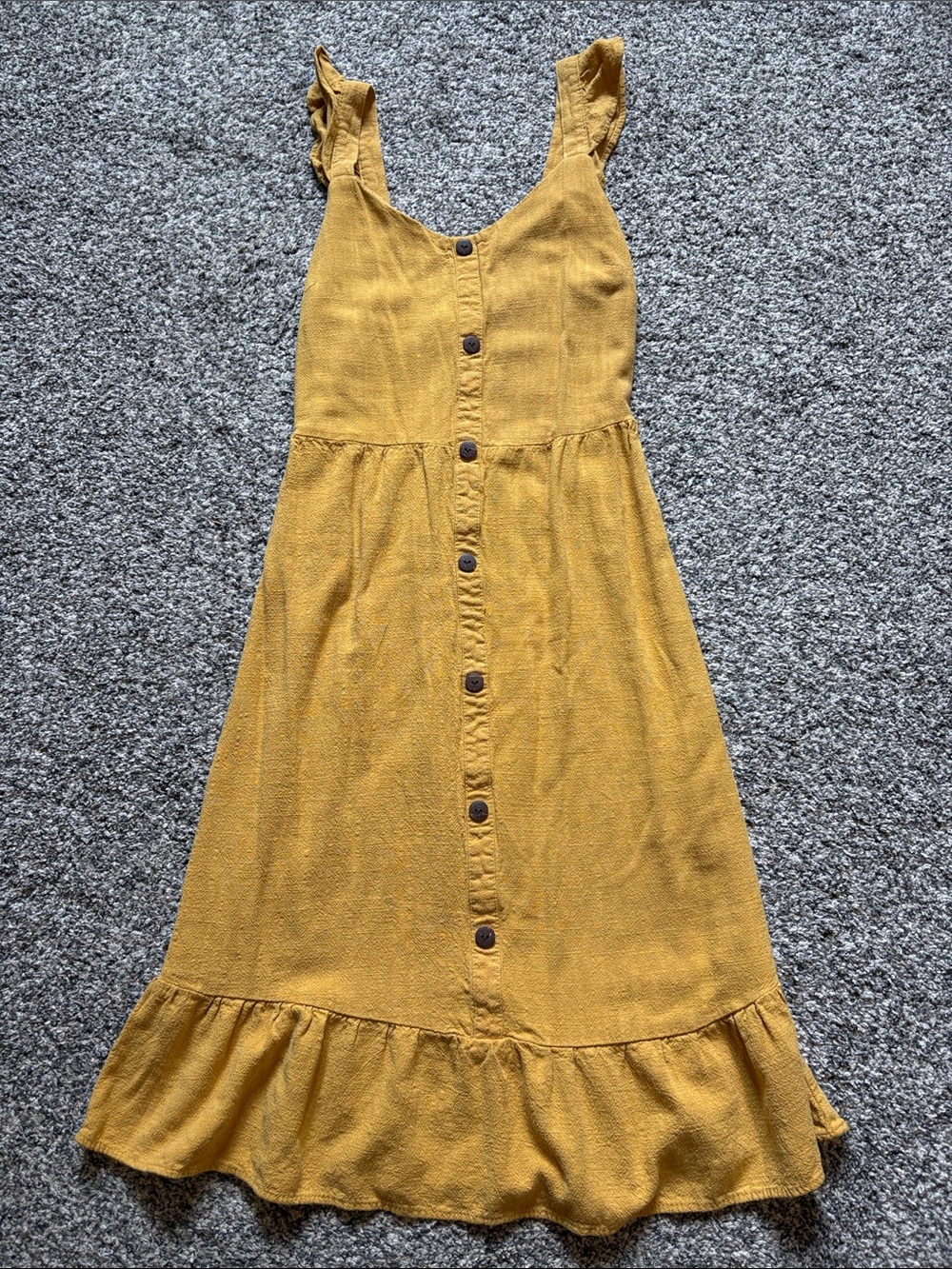 Monteau Mustard Button-Front Midi Dress with Ruffle Hem